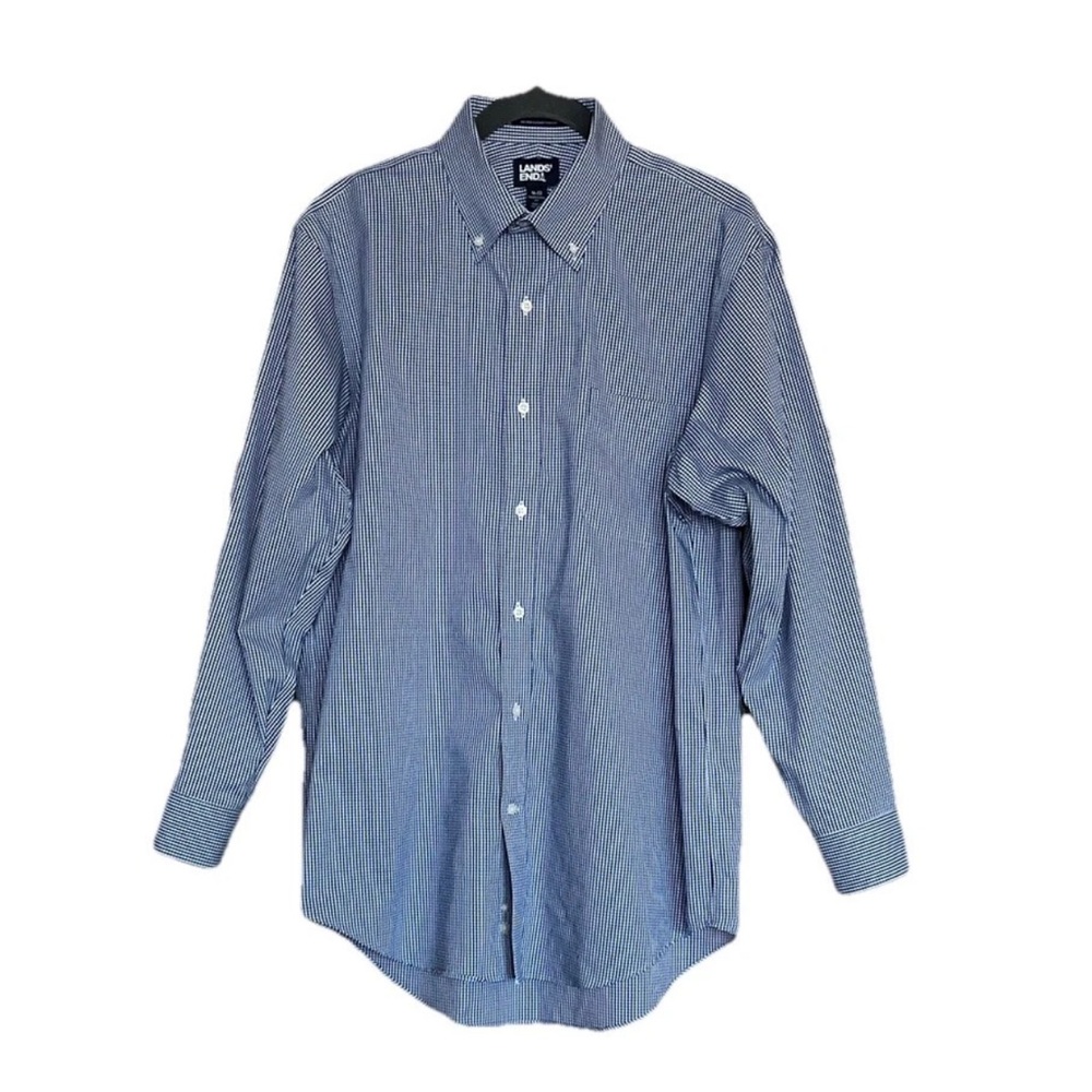 Lands' End Men's Supima No Iron Oxford Shirt Blue White Gingham  Size 16-33